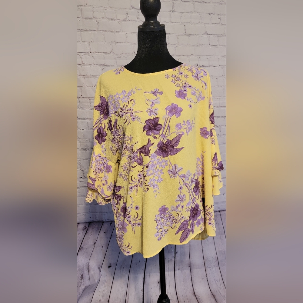 Women’s Yellow Floral Print Top with Purple Flowers